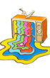 A retro television enamel pin with colorful wavy lines resembling static or melted plastic dripping from the screen onto a yellow puddle-like base, shown on a plain white background.