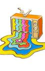 A retro television enamel pin with colorful wavy lines resembling static or melted plastic dripping from the screen onto a yellow puddle-like base, shown on a plain white background.