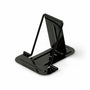Black metal phone stand on a white background