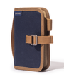 Navy pouch with brown strap and buckle on a white background
