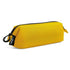 Yellow pencil case with a black zipper on a white background