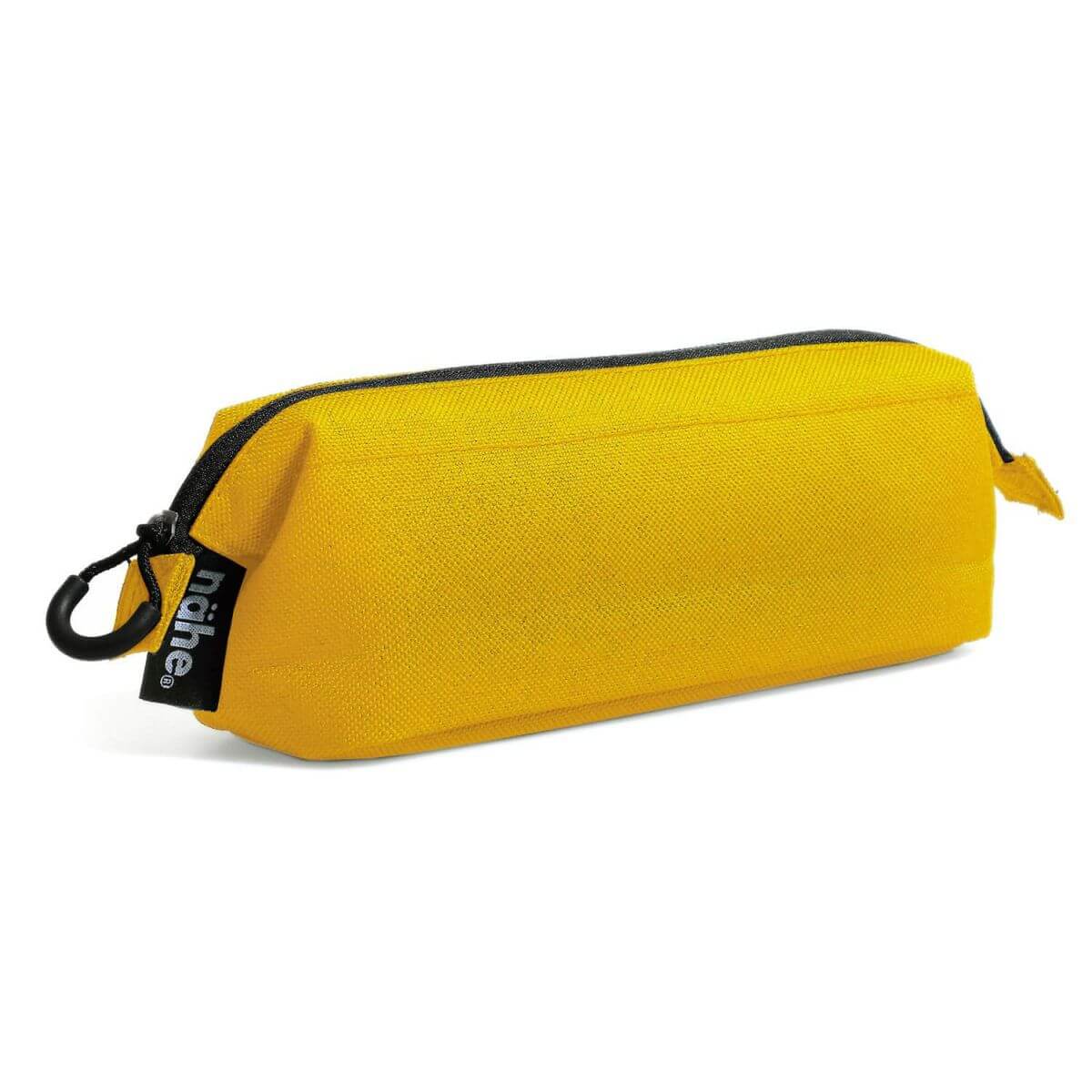 Yellow pencil case with a black zipper on a white background