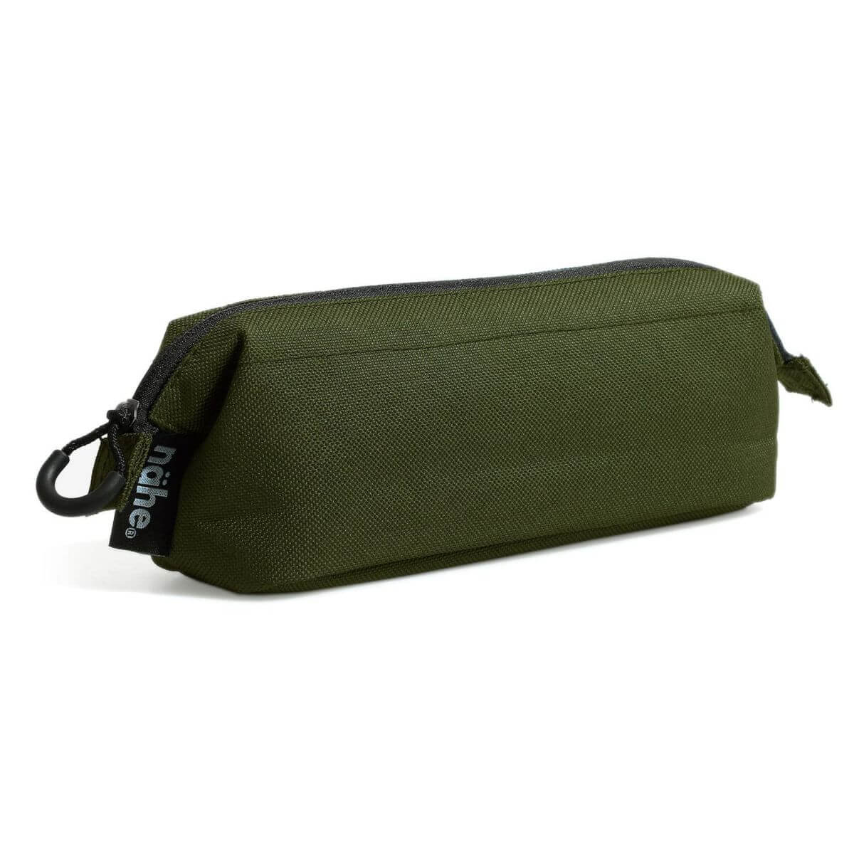 Green pencil case with a black zipper on a white background