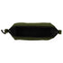An olive green canvas pouch with an open zipper, showing a black interior, photographed from a top-down view on a white background.