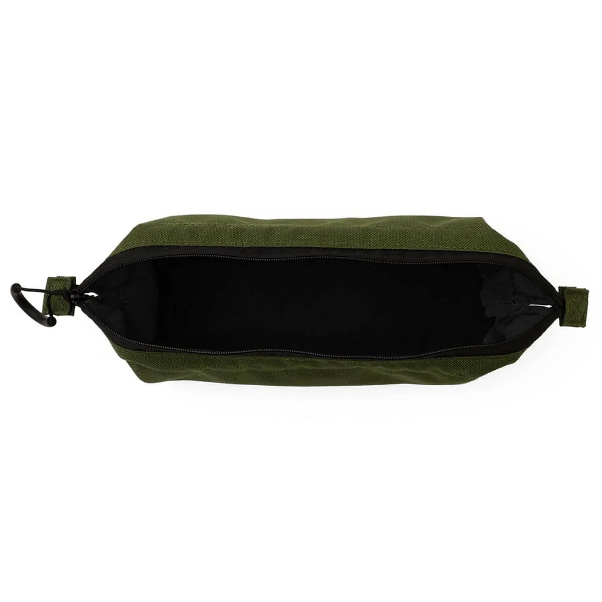 An olive green canvas pouch with an open zipper, showing a black interior, photographed from a top-down view on a white background.
