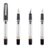 Four views of a clear glass fountain pen with a black cap, black nib, and rose gold accents, arranged vertically on a white background.
