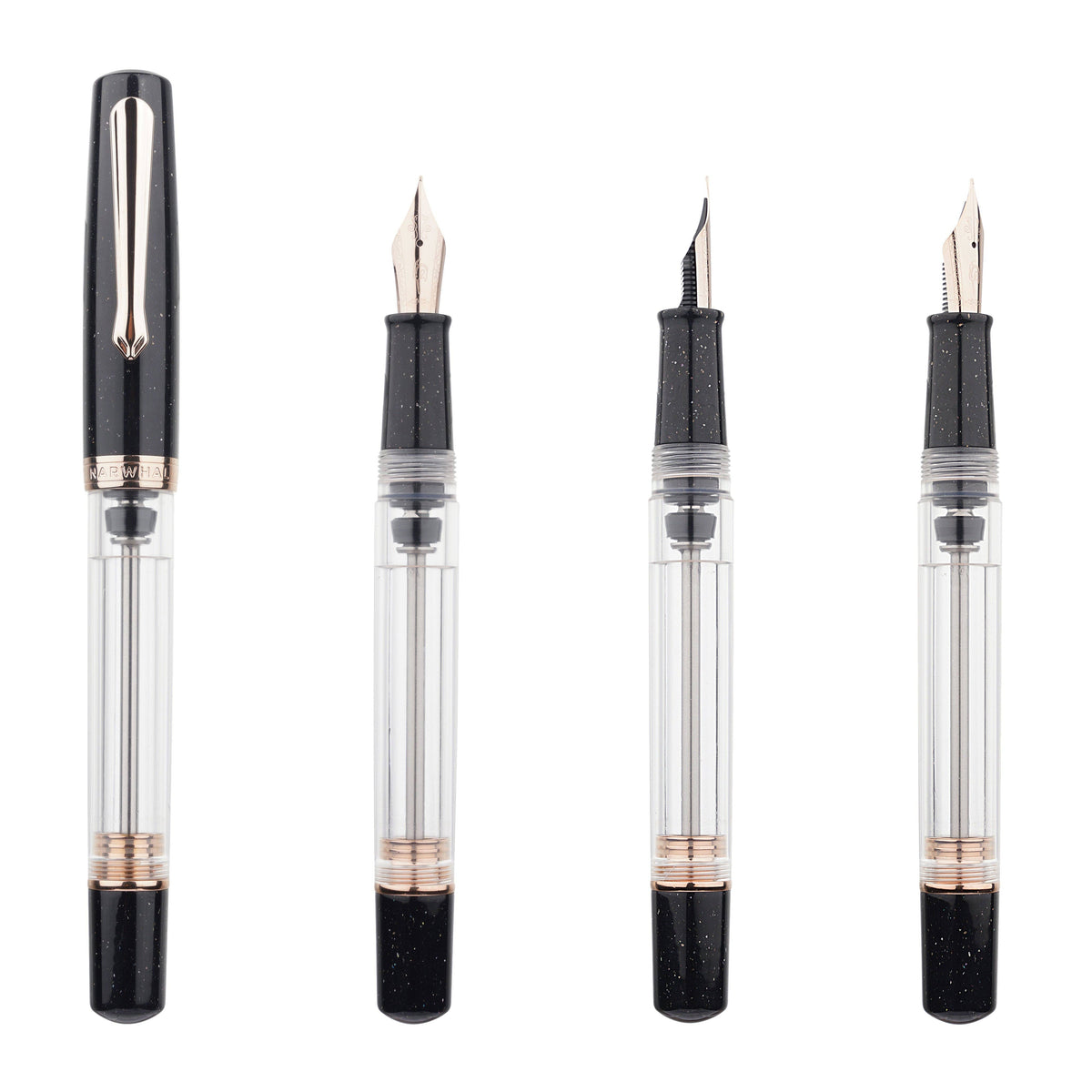 Four views of a clear glass fountain pen with a black cap, black nib, and rose gold accents, arranged vertically on a white background.
