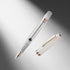 Fountain pen with glittery white cap and rose gold accents on a gradient gray background