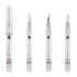 Four views of a transparent fountain pen with rose gold accents and gold nibs, arranged vertically on a white background.