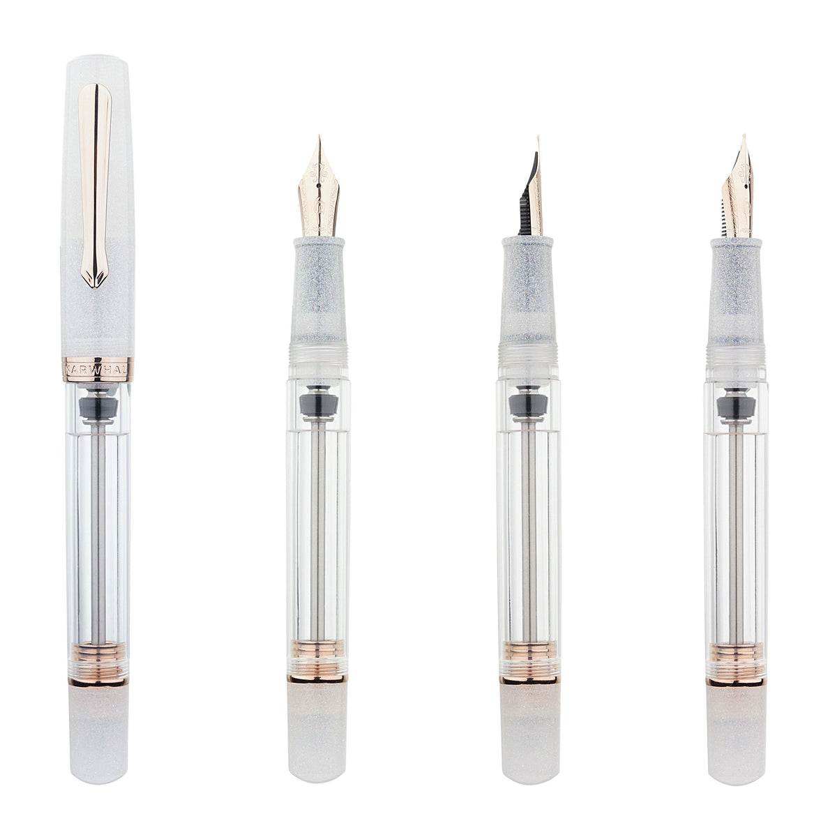 Four views of a transparent fountain pen with rose gold accents and gold nibs, arranged vertically on a white background.