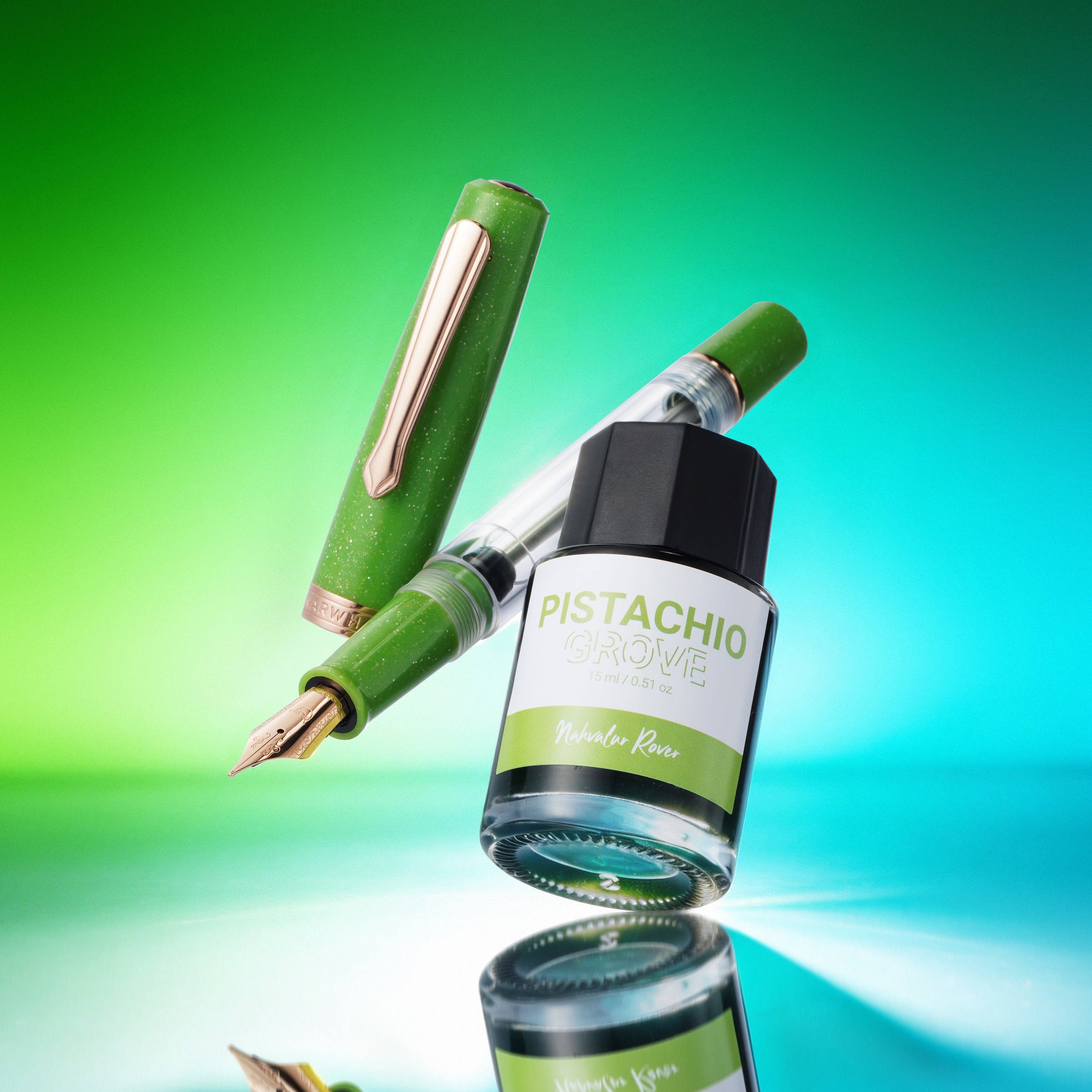 Green fountain pen and bottle of ink with 'Pistachio' label on a gradient background