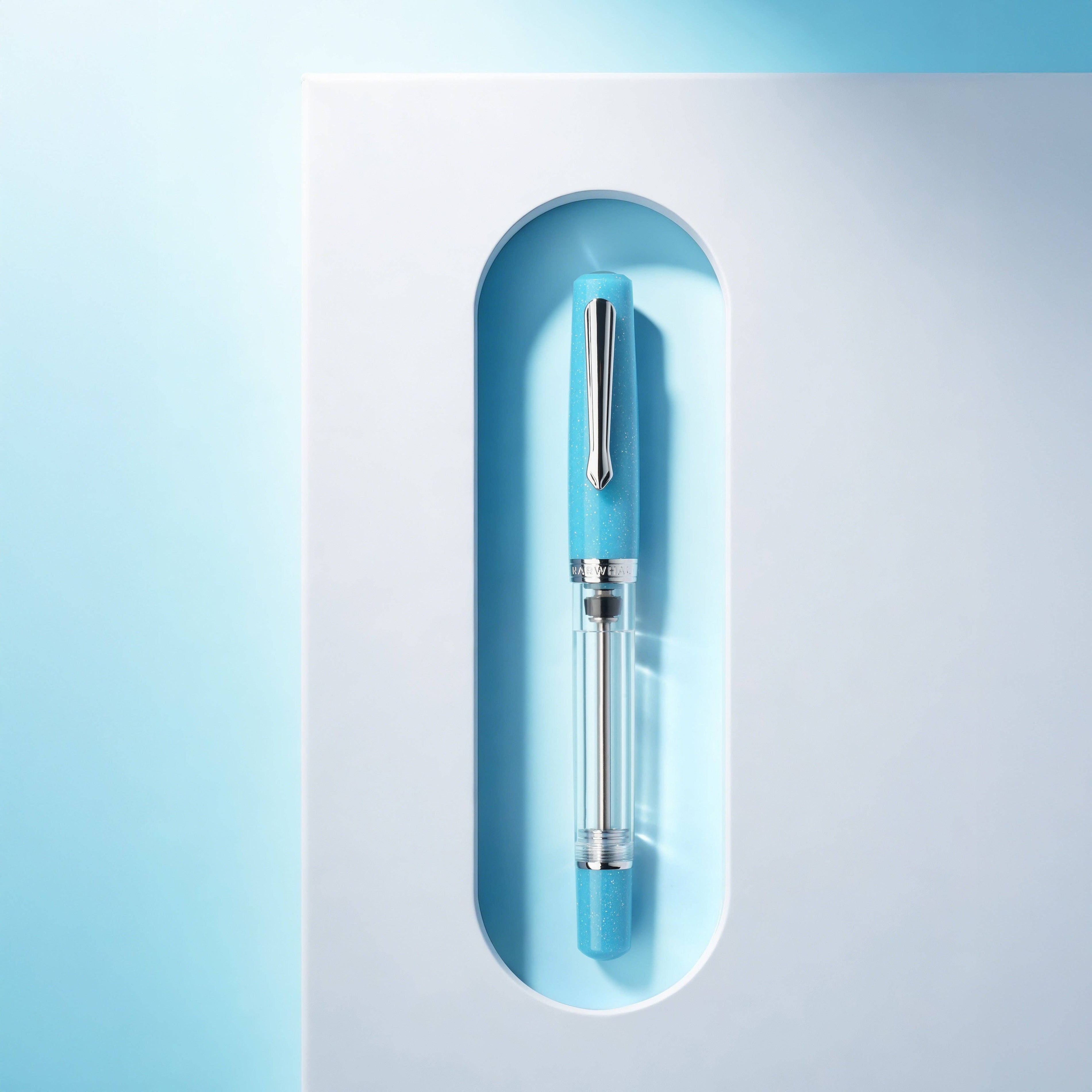 Blue pen in a light blue holder on a gradient background