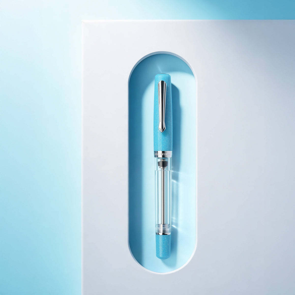 Blue pen in a light blue holder on a gradient background