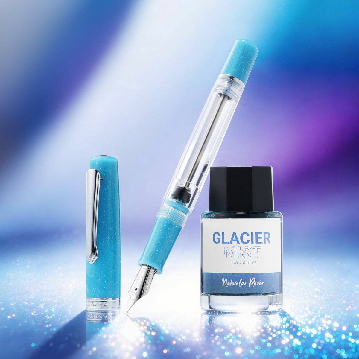 Pen and ink bottle with blue accents on a gradient blue and purple background