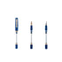 Three views of a blue and clear fountain pen nib and cap components on a plain white background.