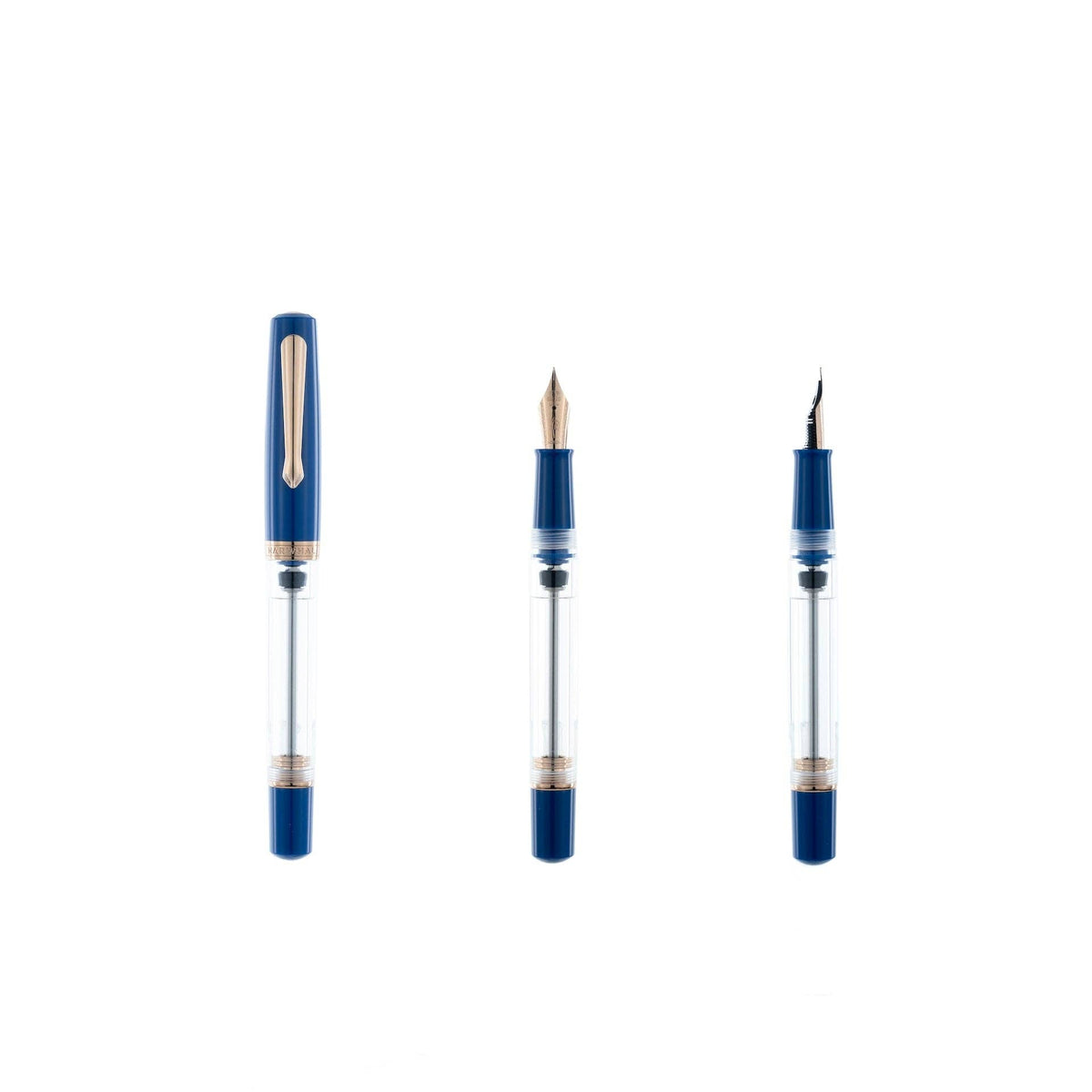Three views of a blue and clear fountain pen nib and cap components on a plain white background.