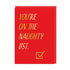 Red card with yellow text and a checkmark on a white background