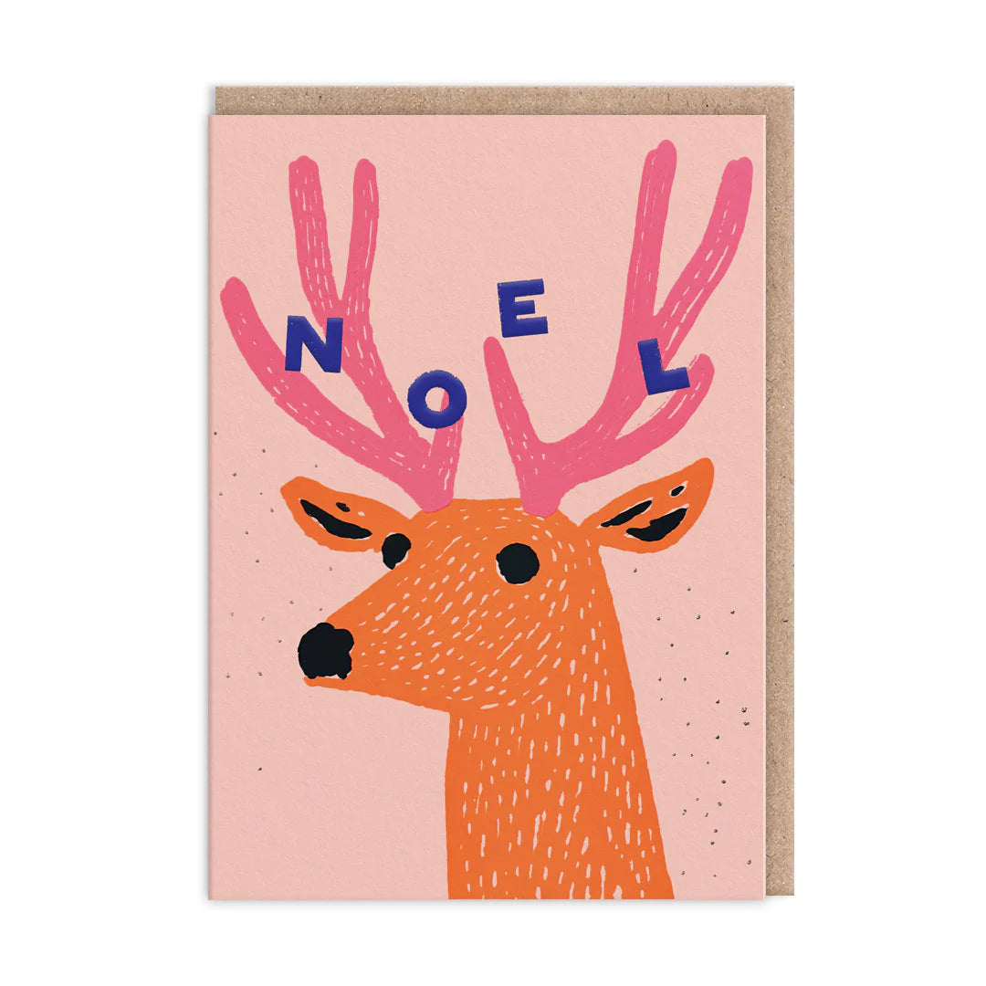 Card with a deer illustration and 'NOEL' on pink background