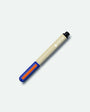 Pen with a blue and orange clip on a light gray background