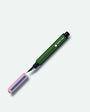 Green pen with pink and blue accents on a white background