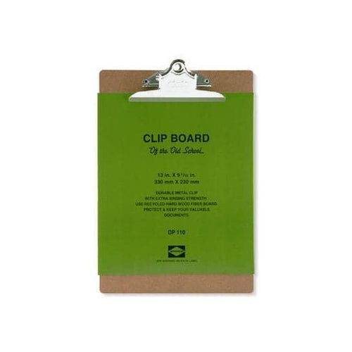 Green clipboard with brown clip holder on a white background
