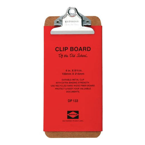 Red clipboard with cork back and metal clip on a white background