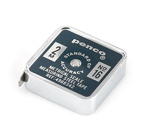 Penco measuring steel tape with black face and silver casing on a white background