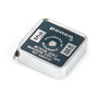 Penco measuring steel tape with black face and silver casing on a white background
