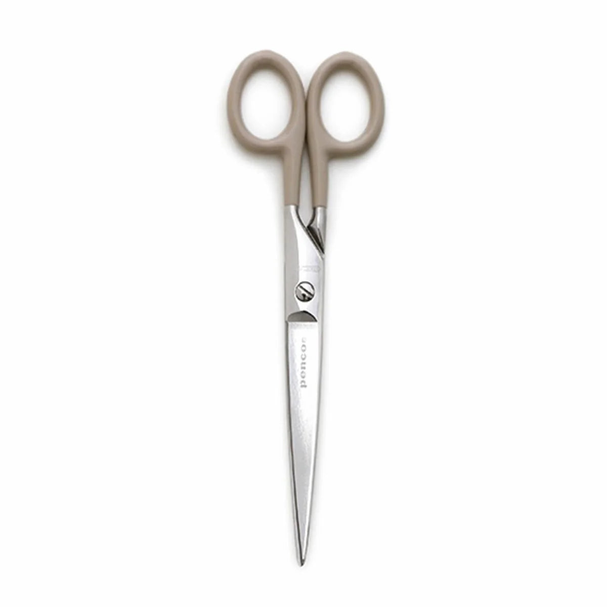 A pair of scissors with taupe plastic handles and silver stainless steel blades, shown vertically against a plain white background.