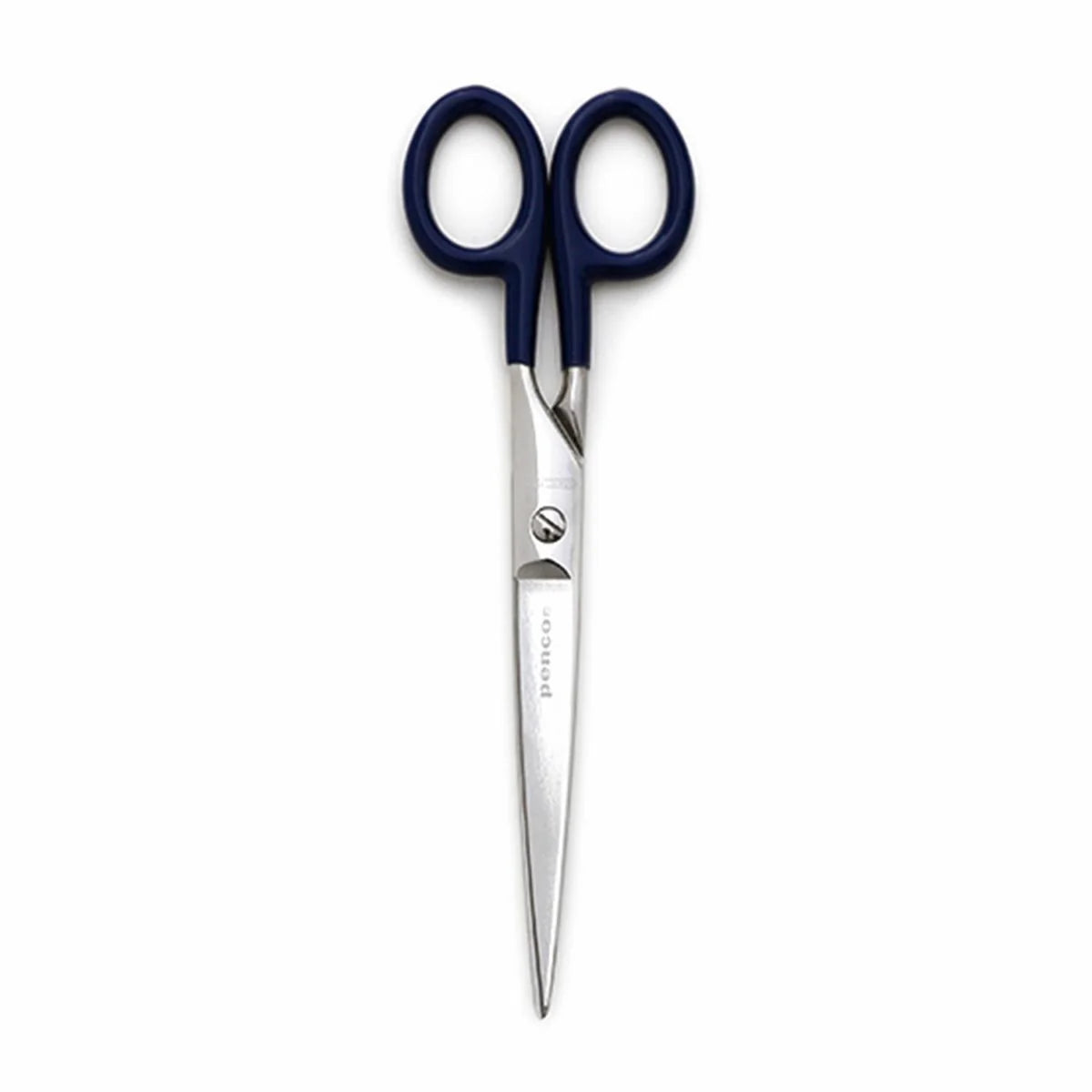 A pair of long shears with dark navy blue handles and silver stainless steel blades, shown vertically on a plain white background.