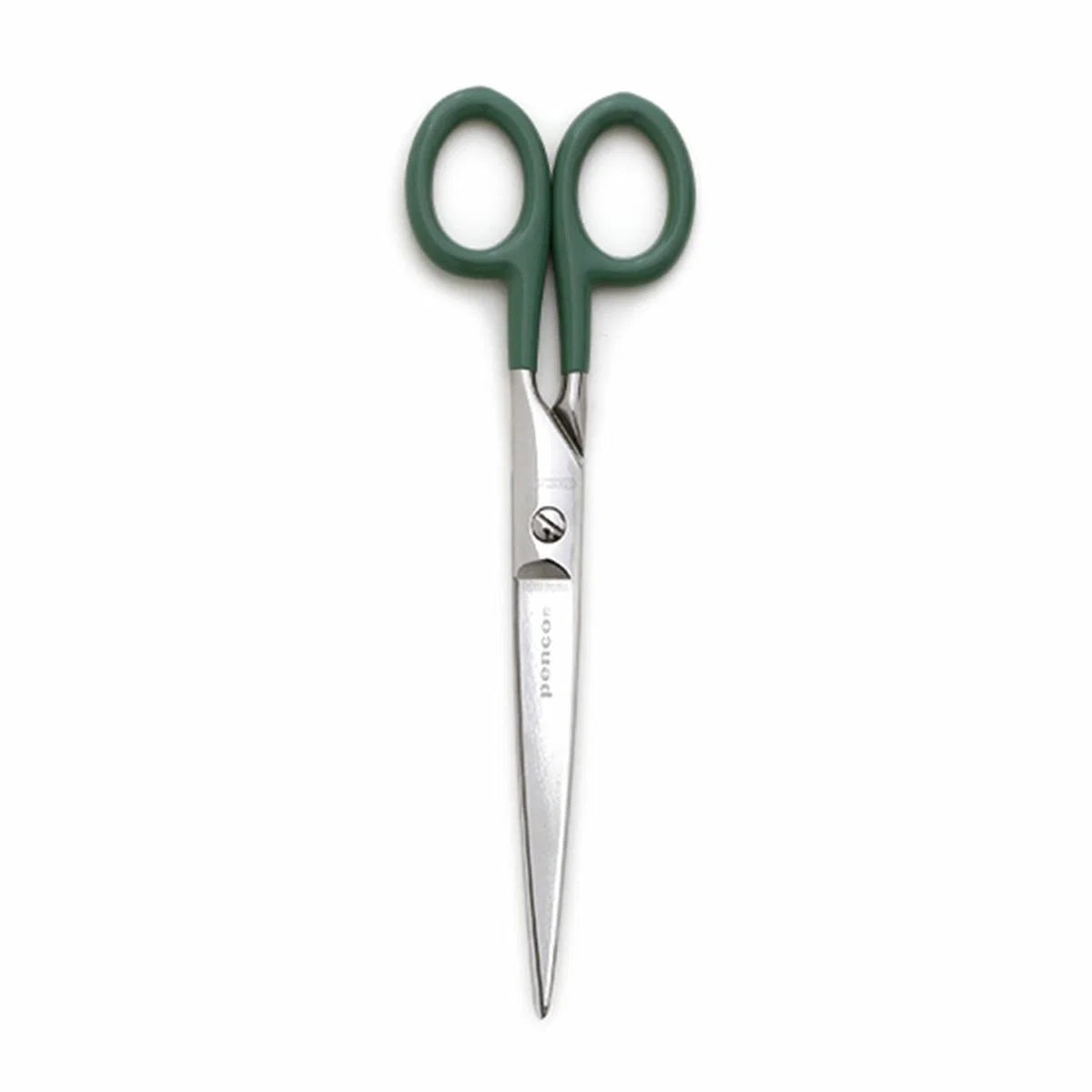 Pair of scissors with green handles on a white background