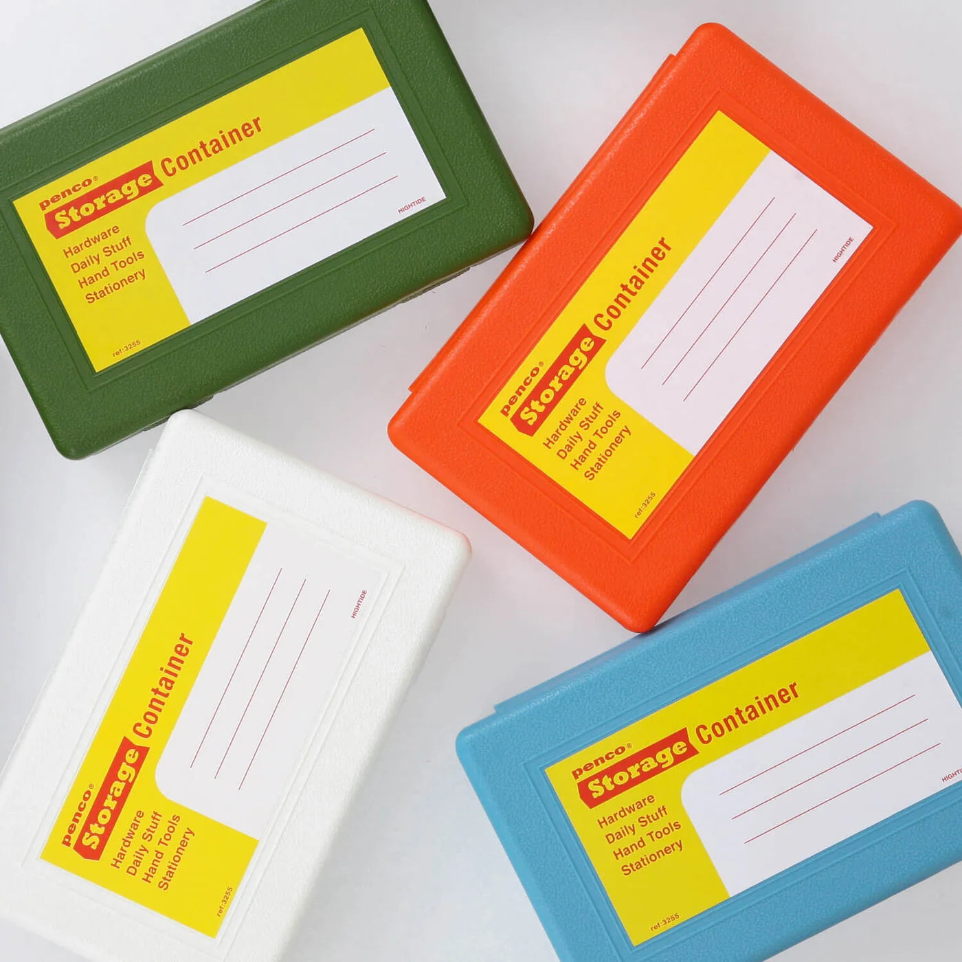 Four colorful storage containers with labels on a white background