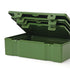 Green plastic storage box with a lid on a white background