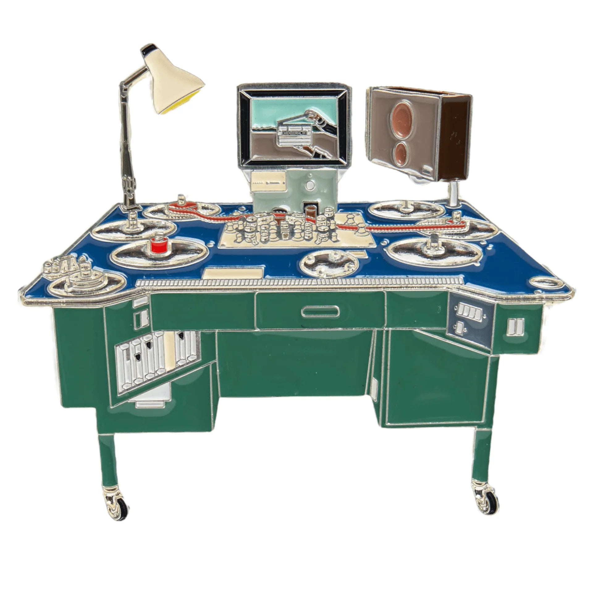 A vintage-style desk or control console with a blue top, green base, multiple circular dials, a small screen, a lamp, and a speaker, isolated on a white background.