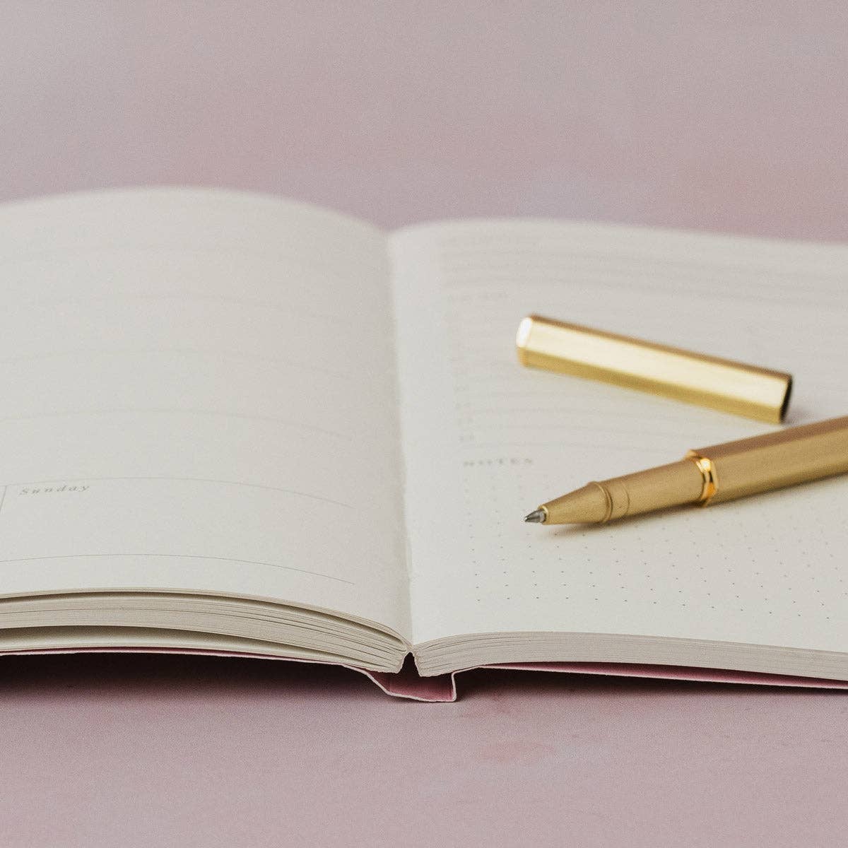 Open notebook with a gold pen on a pink background