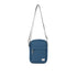 Blue crossbody bag with a strap on a white background