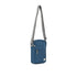Blue crossbody bag with a gray strap on a white background