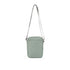 Pewter crossbody bag with a quilted pattern on a white background