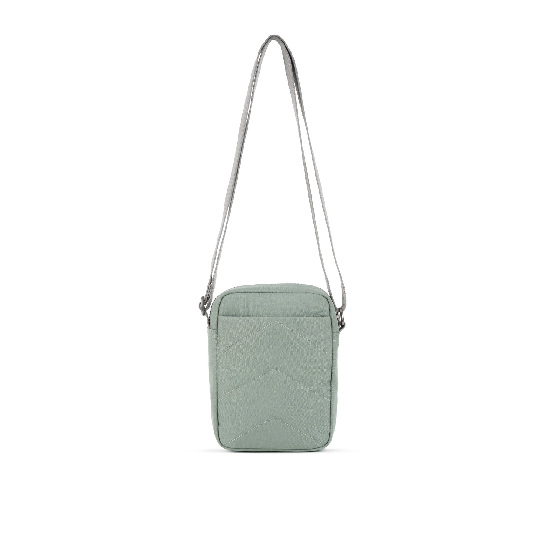 Pewter crossbody bag with a quilted pattern on a white background