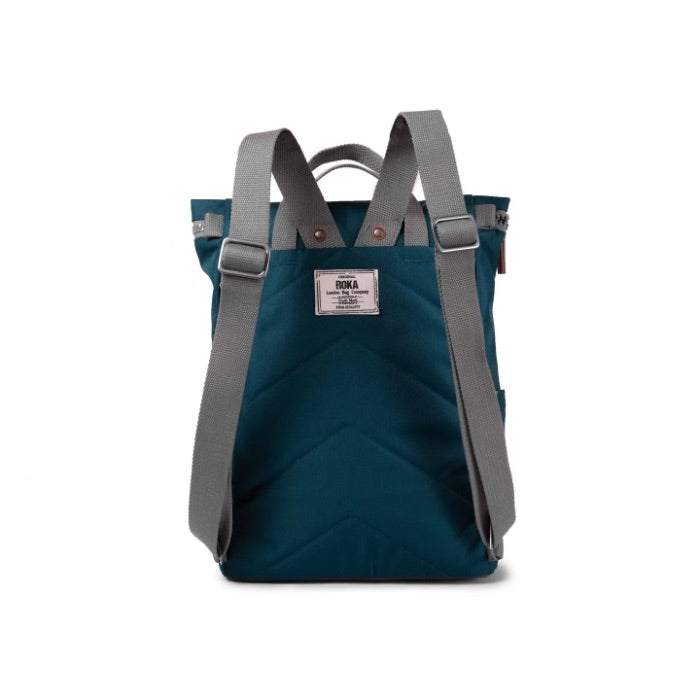 teal coloured backpack with grey straps in front of a white background