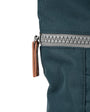 zip close up of dark grey coloured backpack on a white background