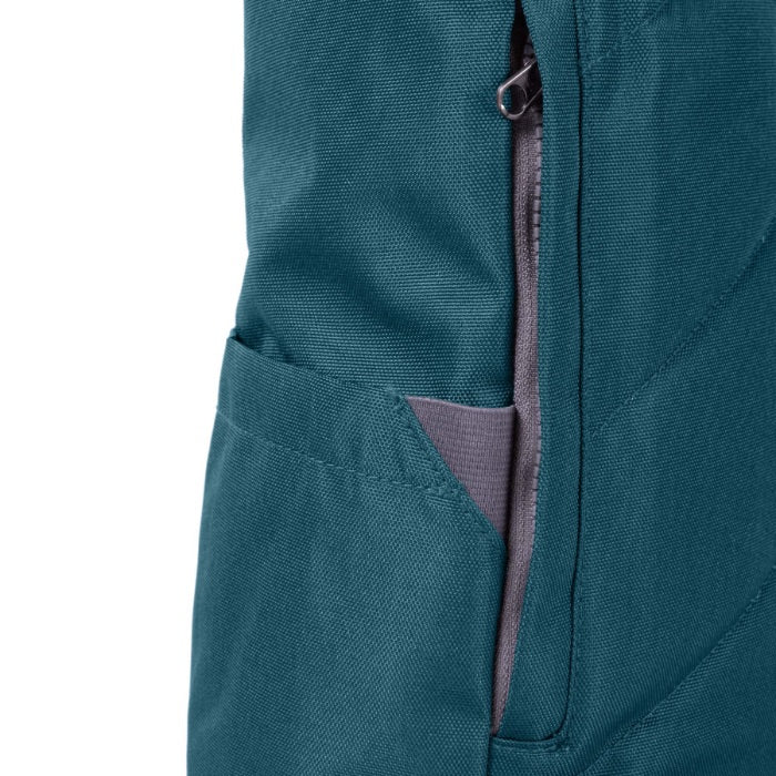 close up of teal coloured backpack