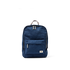 A navy blue canvas backpack with a top carry handle, a front zippered pocket, and a small white rectangular brand patch near the bottom right corner, shown against a plain white background.