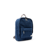 A navy blue canvas backpack with gray zipper pulls and a small white brand label on the front pocket, shown from a three-quarter angle on a white background.