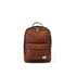 A brown canvas backpack with a front zippered pocket and a small rectangular brand patch on the lower right corner, shown against a plain white background.