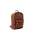 A brown canvas backpack with a front zippered pocket and gray zipper pulls, shown from a three-quarter angle on a white background.