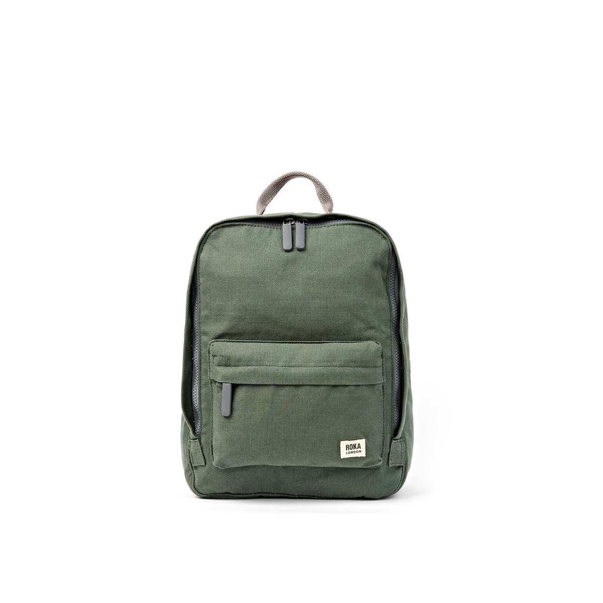 An olive green canvas backpack with a top carry handle, a front zippered pocket, and a small 'SOL'S' brand patch on the lower right corner, shown against a plain white background.