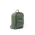 An olive green canvas backpack with a top carry handle, front zippered pocket, and dark gray straps, shown from a three-quarters angle on a white background.