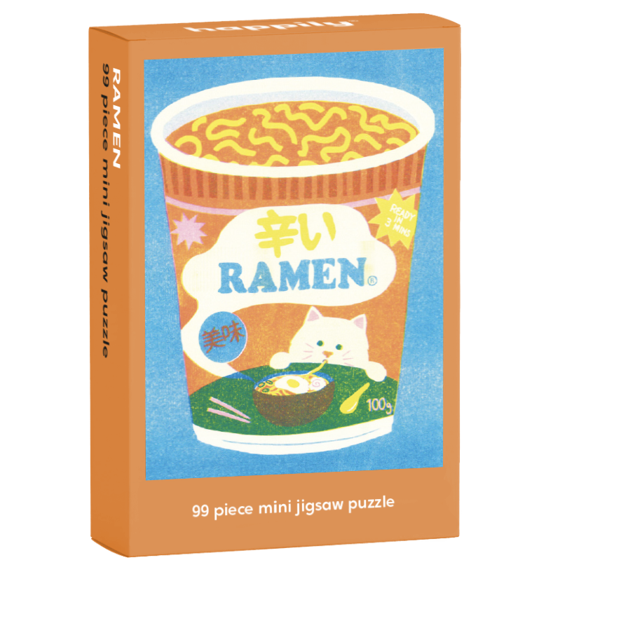 Ramen-themed mini jigsaw puzzle box with a cat illustration on a white background