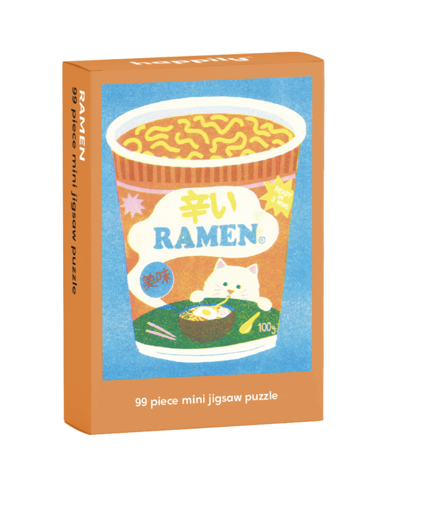 Ramen-themed mini jigsaw puzzle box with a cat illustration on a white background